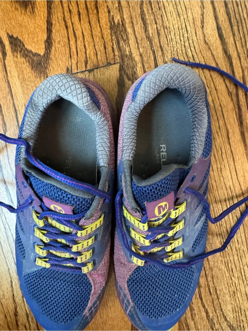 Merrell All Out Charge Women's Blue and Pink Athletic Shoes with Yellow Accents